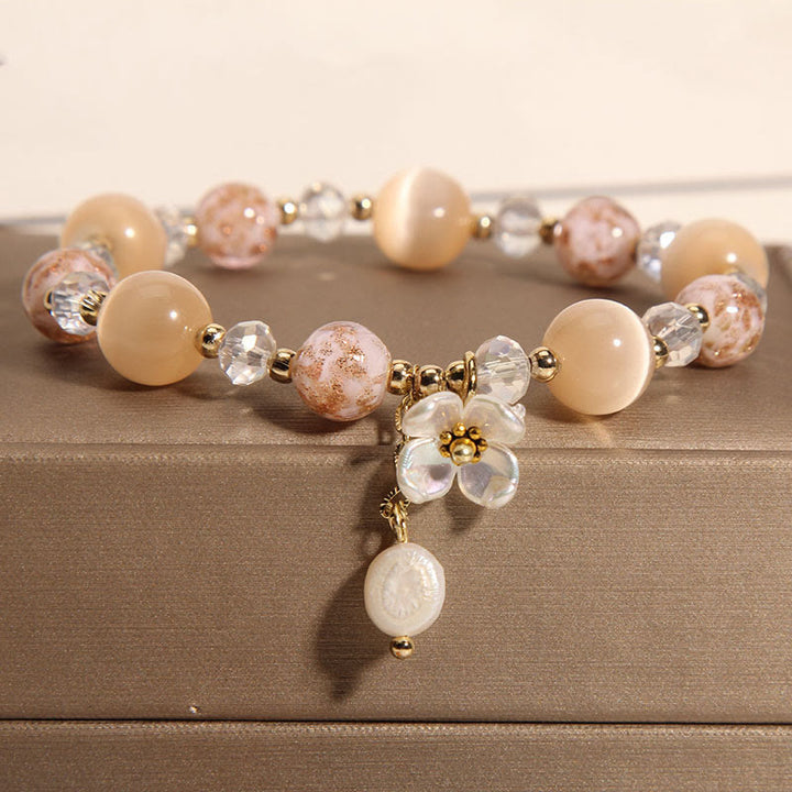 Buddha Stones Aquamarine Yellow Cat's Eye Stone Flower Peace Bracelet - Yellow Cat's Eye(Wrist Circumference: 14-16cm) - image 7