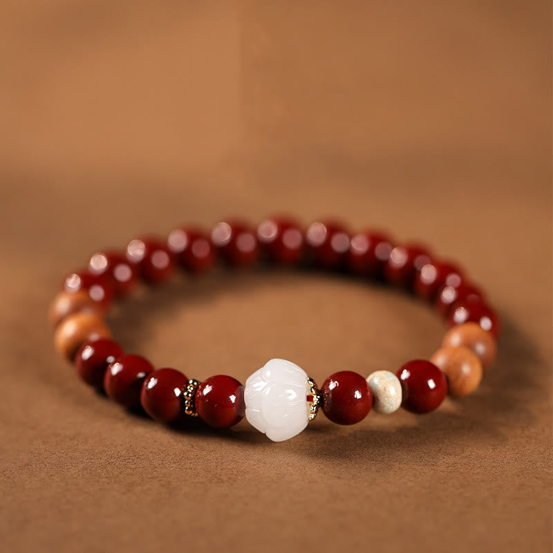 Buddha Stones Cinnabar Wood Beads Lotus Fu Character Blessing Bracelet - Cinnabar & Lotus(Wrist Circumference: 15-16cm) - image 1