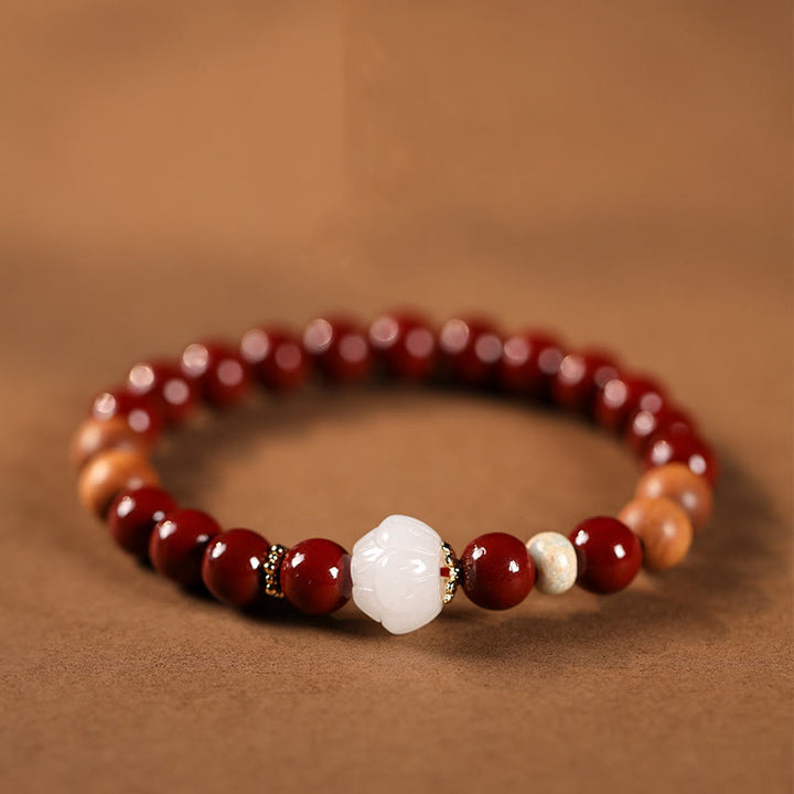 Buddha Stones Cinnabar Wood Beads Lotus Fu Character Blessing Bracelet - Cinnabar & Lotus(Wrist Circumference: 15-16cm) - image 1