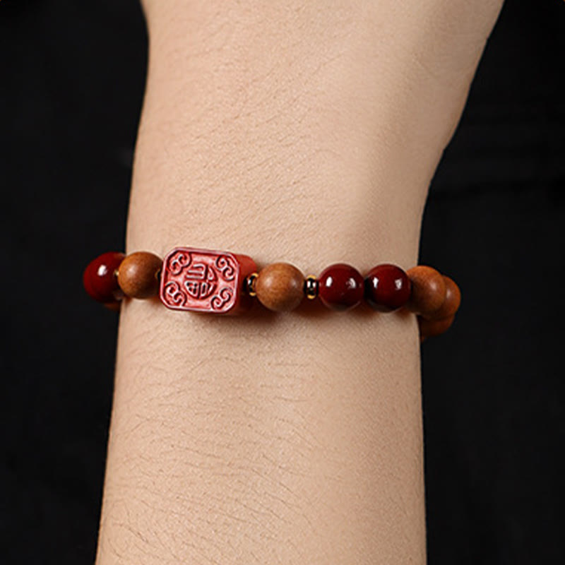 Buddha Stones Cinnabar Wood Beads Lotus Fu Character Blessing Bracelet - image 14