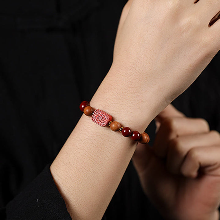 Buddha Stones Cinnabar Wood Beads Lotus Fu Character Blessing Bracelet - image 12