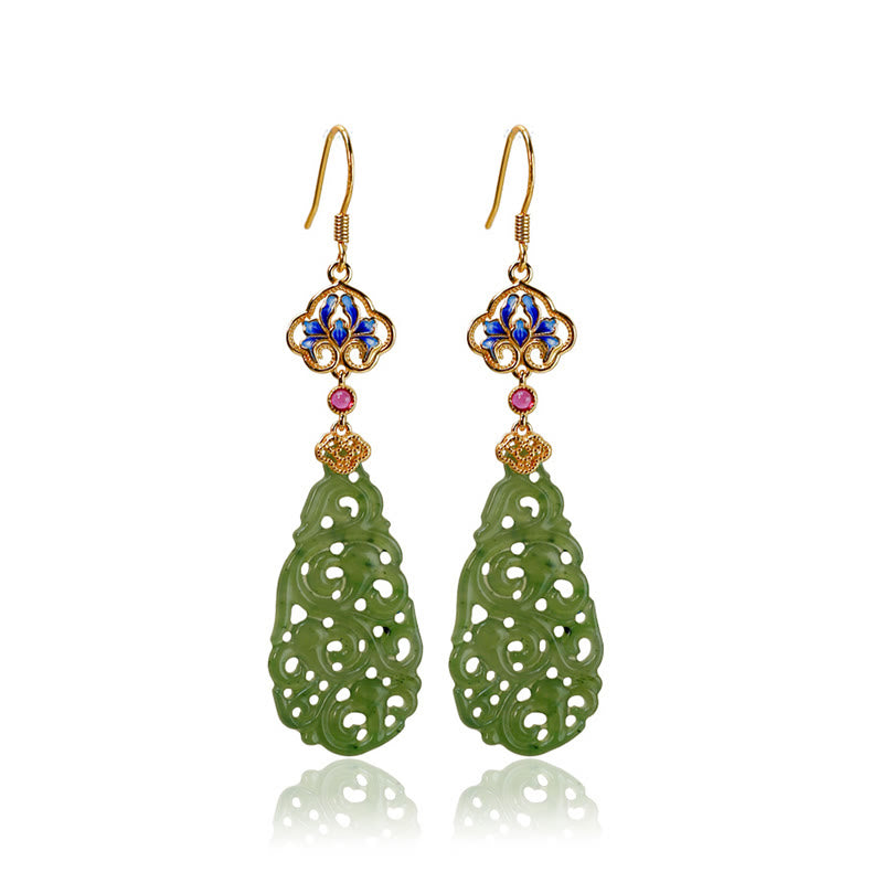Buddha Stones Hollow Hetian Jade Enamel 925 Sterling Silver Prosperity Earrings - image 9