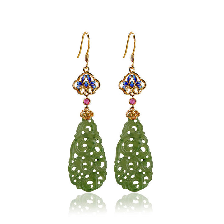 Buddha Stones Hollow Hetian Jade Enamel 925 Sterling Silver Prosperity Earrings - image 9