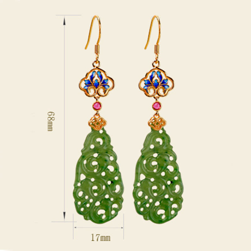 Buddha Stones Hollow Hetian Jade Enamel 925 Sterling Silver Prosperity Earrings - image 11