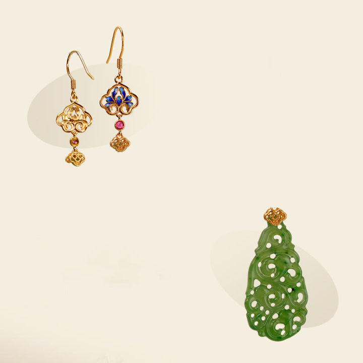 Buddha Stones Hollow Hetian Jade Enamel 925 Sterling Silver Prosperity Earrings - image 14