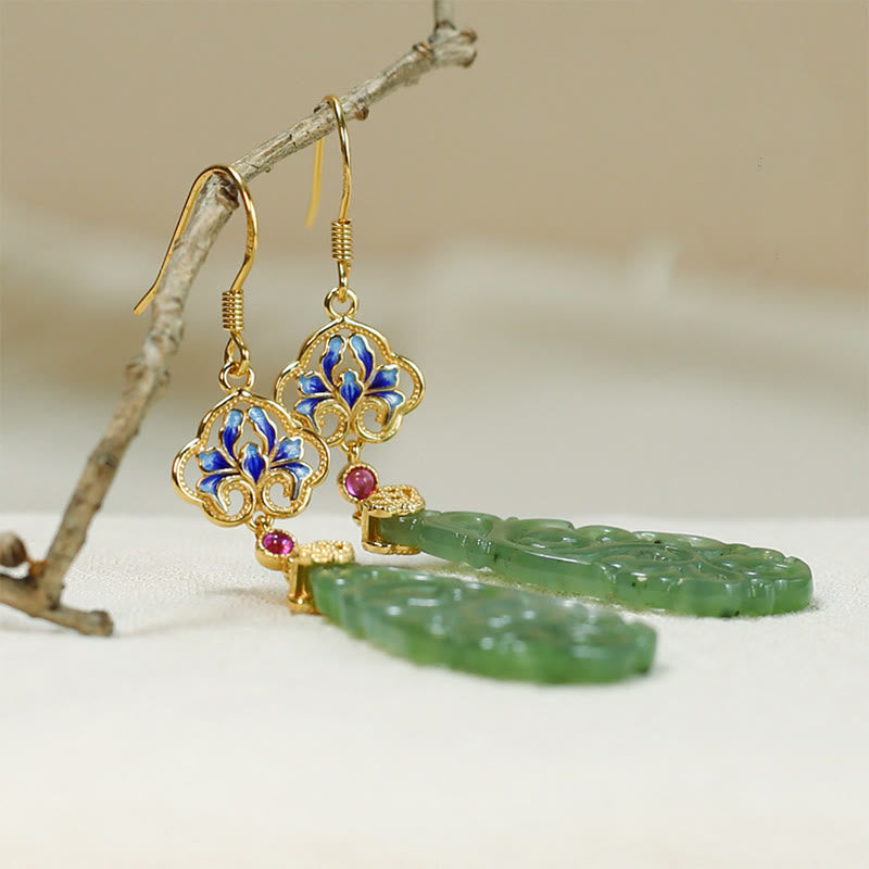 Buddha Stones Hollow Hetian Jade Enamel 925 Sterling Silver Prosperity Earrings - image 4