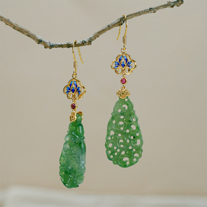 Buddha Stones Hollow Hetian Jade Enamel 925 Sterling Silver Prosperity Earrings - image 12
