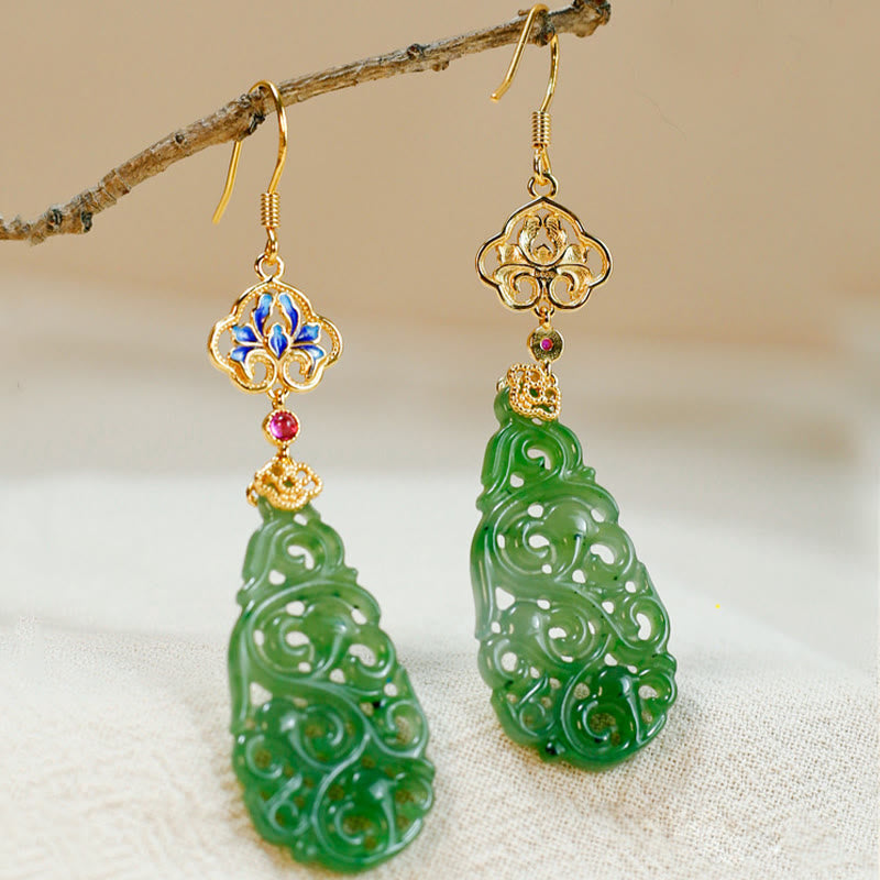 Buddha Stones Hollow Hetian Jade Enamel 925 Sterling Silver Prosperity Earrings - Hetian Jade & Silver Posts - image 1