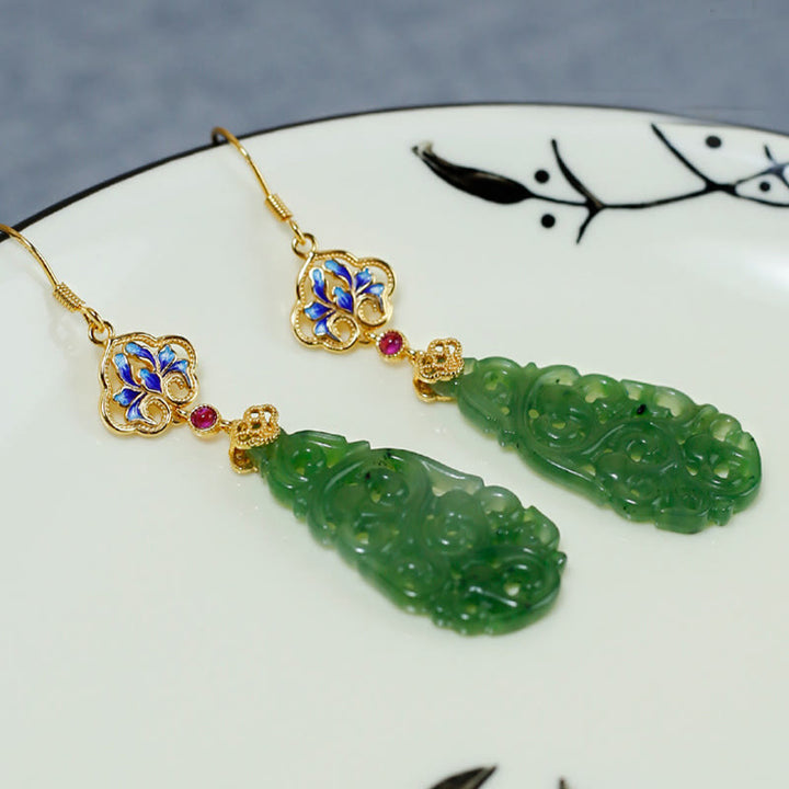 Buddha Stones Hollow Hetian Jade Enamel 925 Sterling Silver Prosperity Earrings - image 5