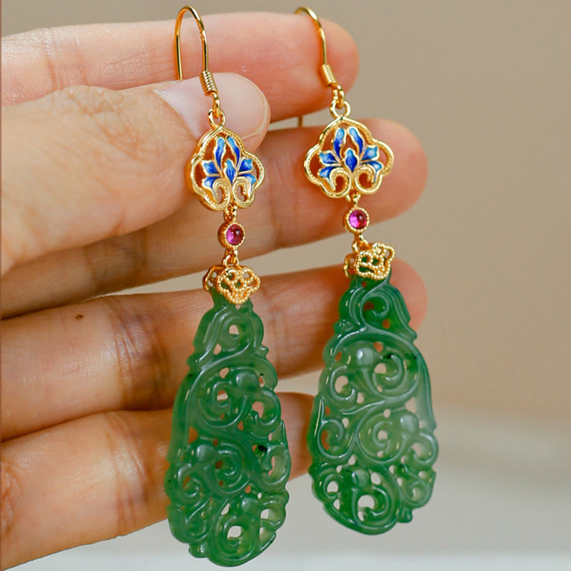 Buddha Stones Hollow Hetian Jade Enamel 925 Sterling Silver Prosperity Earrings - image 13