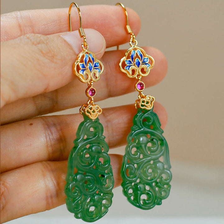 Buddha Stones Hollow Hetian Jade Enamel 925 Sterling Silver Prosperity Earrings - image 13