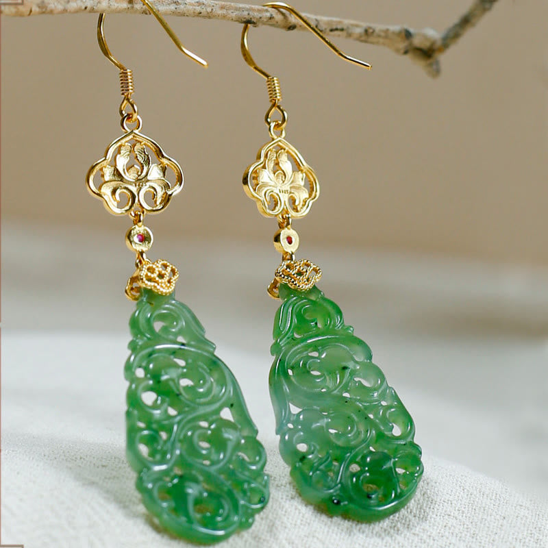 Buddha Stones Hollow Hetian Jade Enamel 925 Sterling Silver Prosperity Earrings - image 2