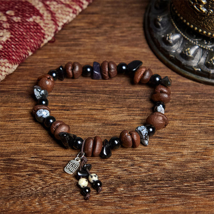 Buddha Stones Natural Coffee Beans Tiger Eye Fu Character Protection Bracelet - Coffee Bean(Wrist Circumference: 15-18cm) - image 1