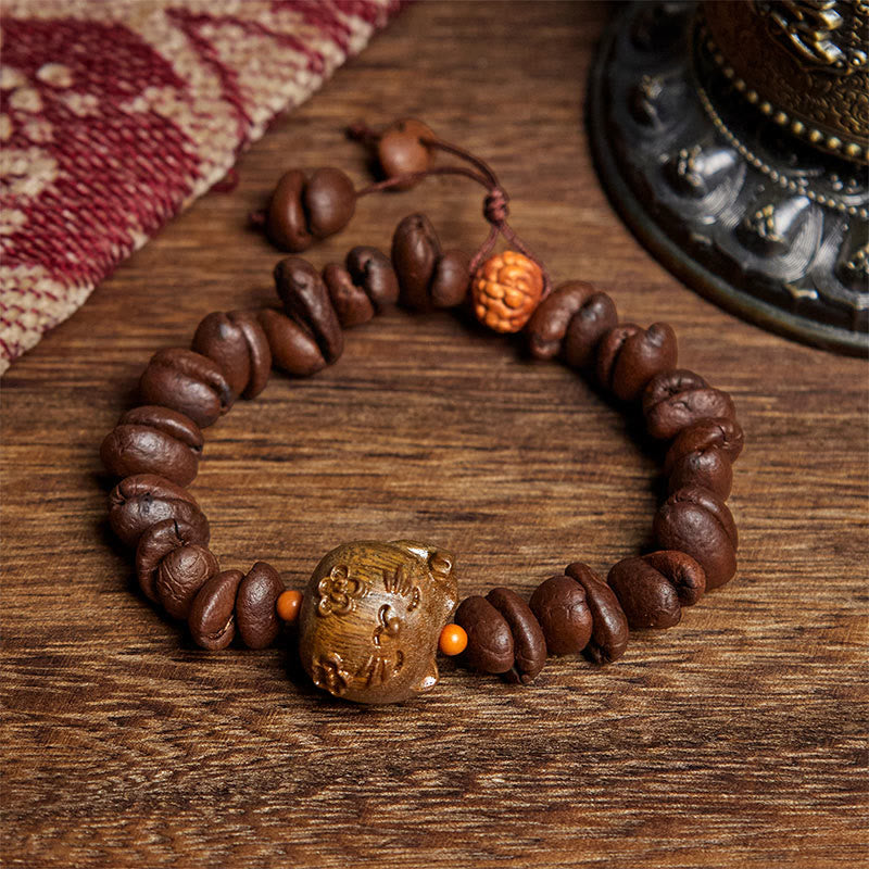 Buddha Stones Handmade Lucky Cat Real Coffee Beans Sandalwood Bracelet - Coffee Bean(Wrist Circumference: 17.5cm) - image 1