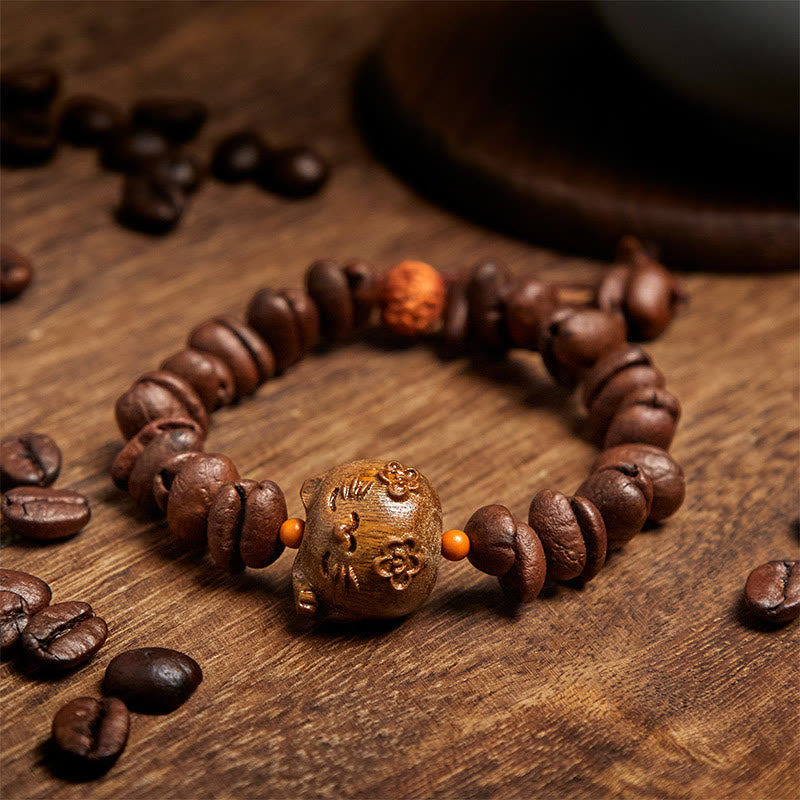 Buddha Stones Handmade Lucky Cat Real Coffee Beans Sandalwood Bracelet - image 3