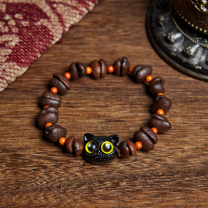 Buddha Stones Natural Cute Cat Coffee Beans Bracelet - Yellow Cat Eyes(Wrist Circumference: 17.5cm) - image 6