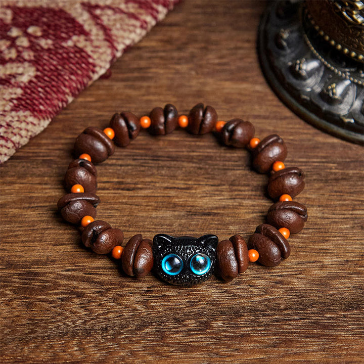 Buddha Stones Natural Cute Cat Coffee Beans Bracelet - Blue Cat Eyes(Wrist Circumference: 17.5cm) - image 1