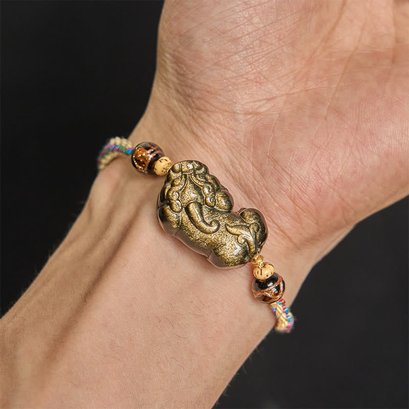 Buddha Stones Gold Sheen Obsidian PiXiu Wealth Rope Bracelet - image 6
