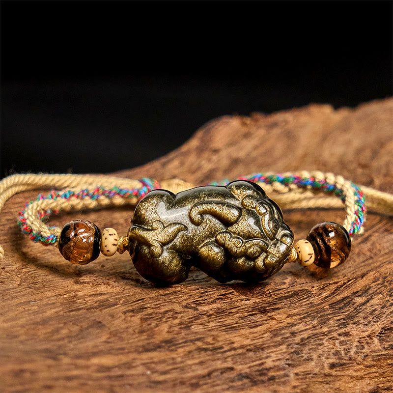 Buddha Stones Gold Sheen Obsidian PiXiu Wealth Rope Bracelet - image 2