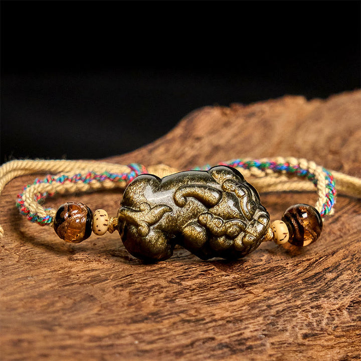 Buddha Stones Gold Sheen Obsidian PiXiu Wealth Rope Bracelet - image 2