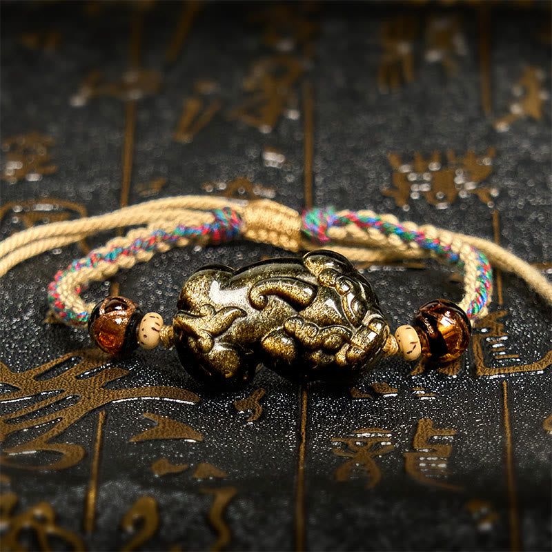 Buddha Stones Gold Sheen Obsidian PiXiu Wealth Rope Bracelet - PiXiu(Wrist Circumference: 14-26cm) - image 1