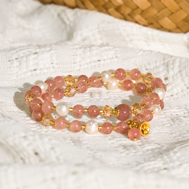 Buddha Stones Natural Strawberry Quartz Pearl Bell Healing Double Wrap Bracelet
