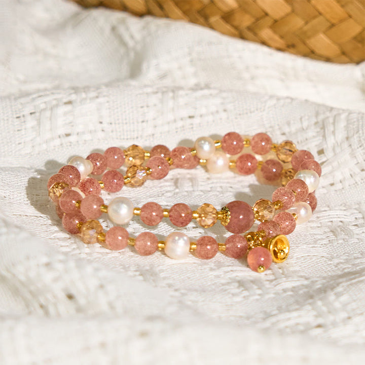 Buddha Stones Natural Strawberry Quartz Pearl Bell Healing Double Wrap Bracelet