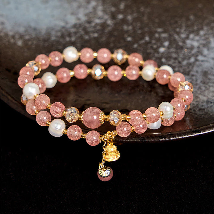 Buddha Stones Natural Strawberry Quartz Pearl Bell Healing Double Wrap Bracelet