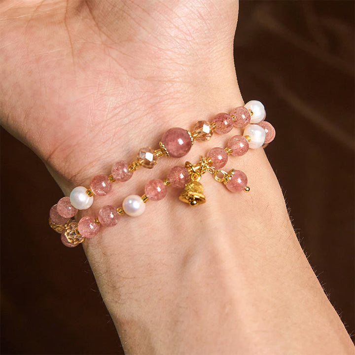 Buddha Stones Natural Strawberry Quartz Pearl Bell Healing Double Wrap Bracelet