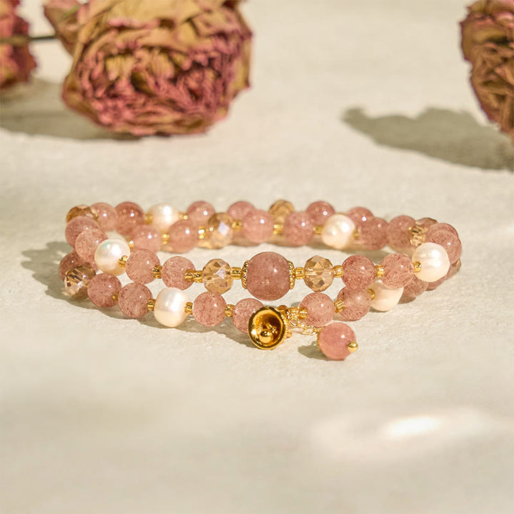 Buddha Stones Natural Strawberry Quartz Pearl Bell Healing Double Wrap Bracelet