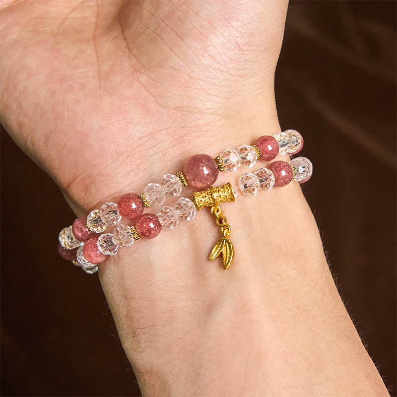 Buddha Stones Natural Strawberry Quartz Crystal Bamboo Positive Double Wrap Bracelet