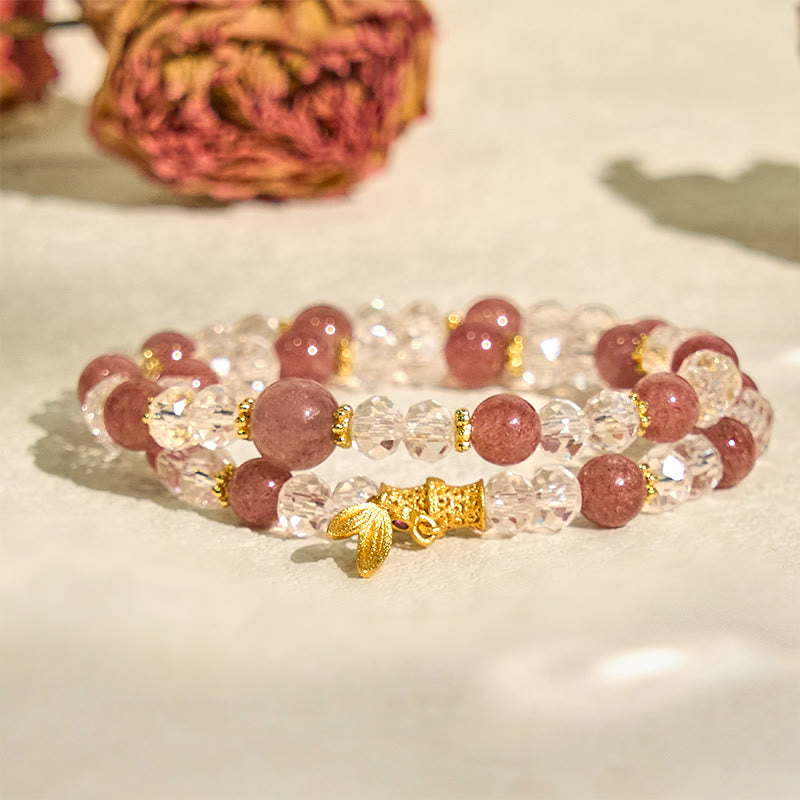 Buddha Stones Natural Strawberry Quartz Crystal Bamboo Positive Double Wrap Bracelet