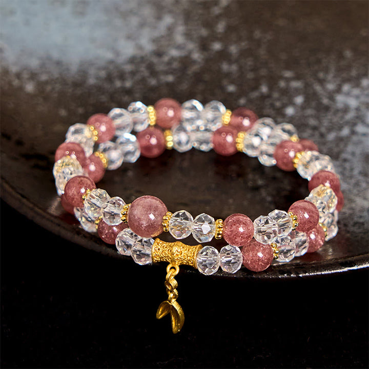 Buddha Stones Natural Strawberry Quartz Crystal Bamboo Positive Double Wrap Bracelet