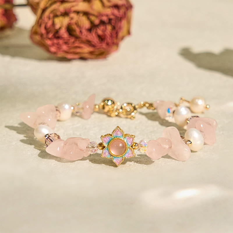 Buddha Stones Natural Gravel Rose Quartz Flower Pearl Healing Bracelet
