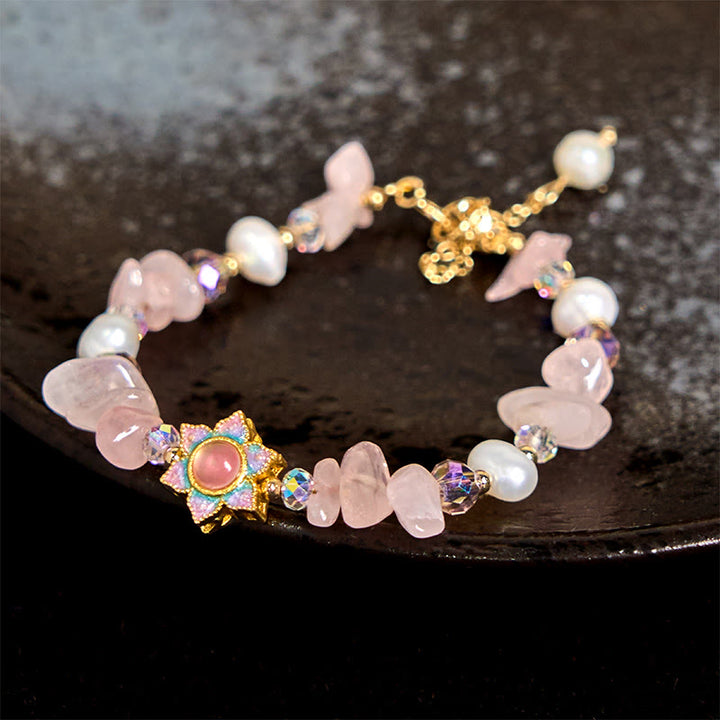 Buddha Stones Natural Gravel Rose Quartz Flower Pearl Healing Bracelet