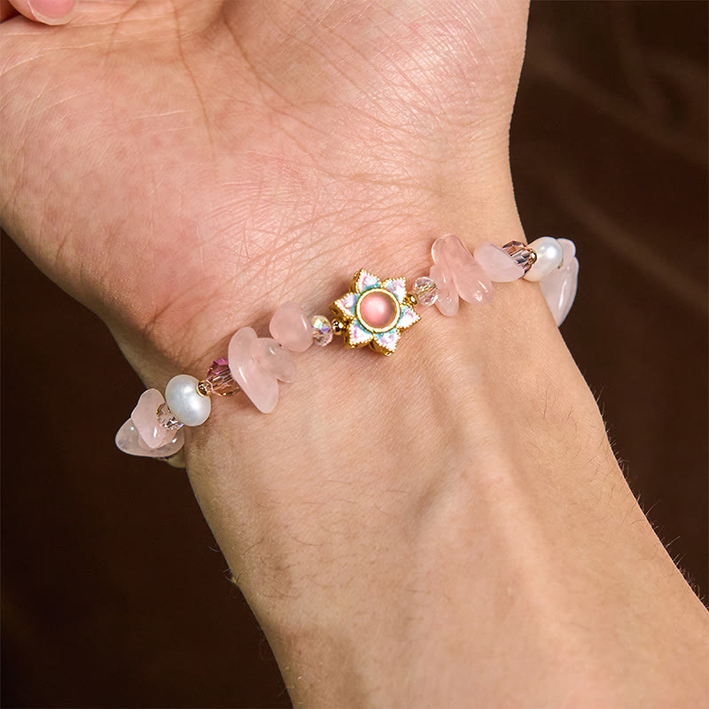 Buddha Stones Natural Gravel Rose Quartz Flower Pearl Healing Bracelet