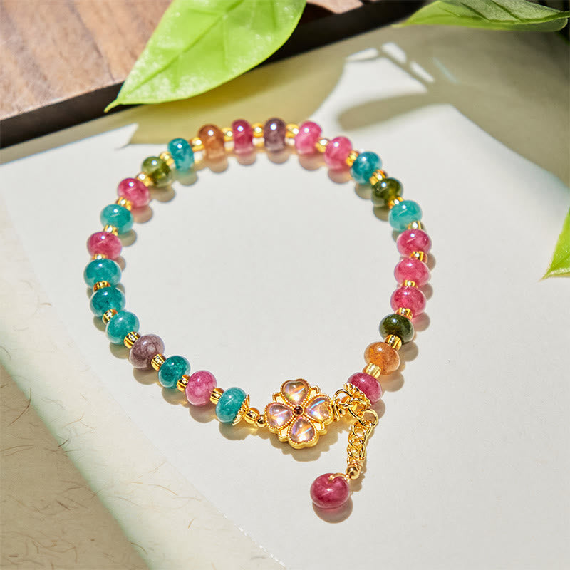 Buddha Stones Tourmaline Four Leaf Clover Flower Love Bracelet