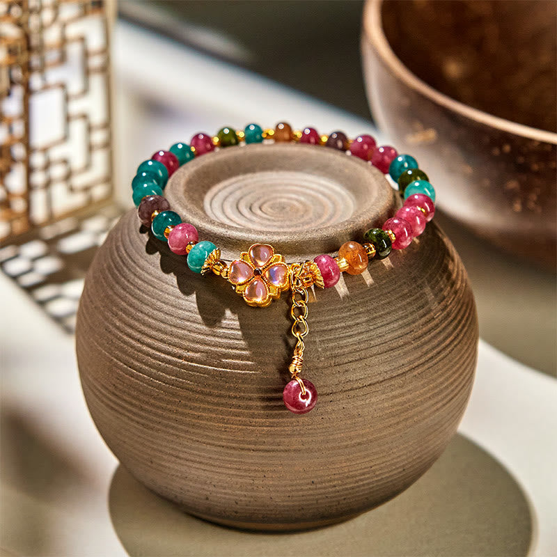 Buddha Stones Tourmaline Four Leaf Clover Flower Love Bracelet