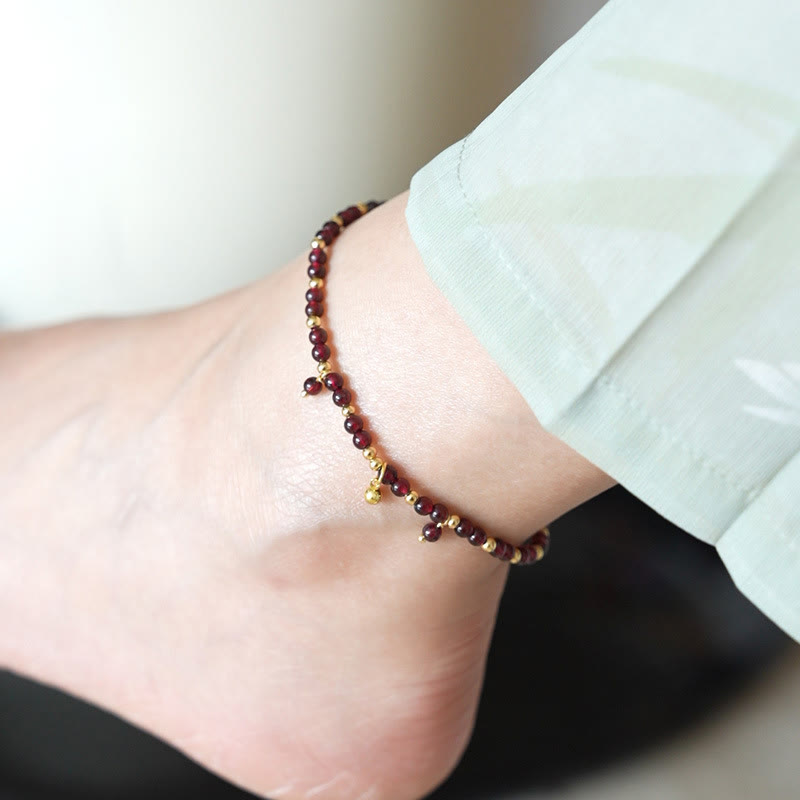 Buddha Stones Natural 4mm Garnet Copper Gold Plated Calm Anklet - 4mm Garnet Golden Bead - image 1