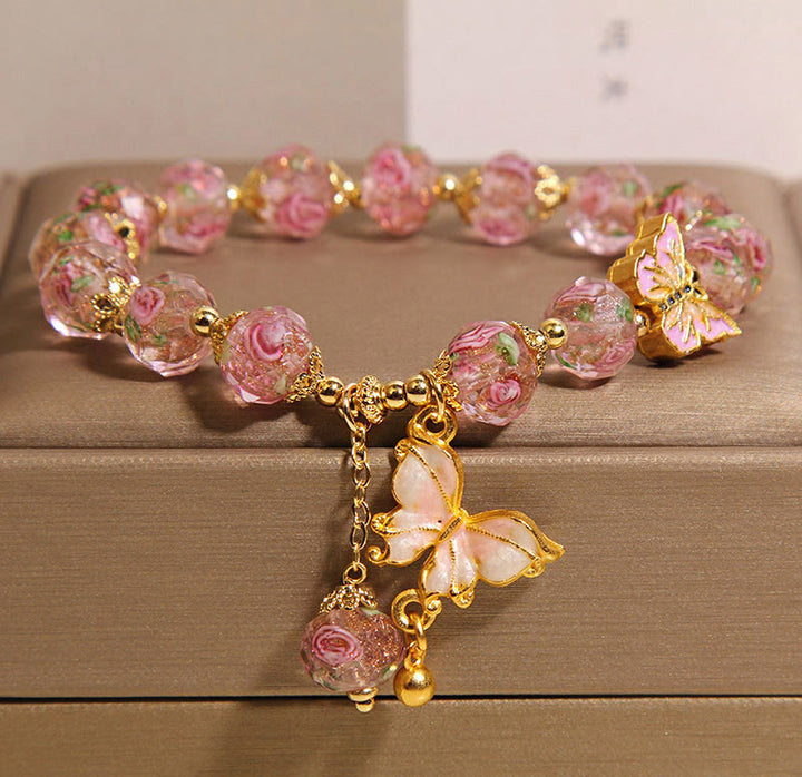 Buddha Stones Butterfly Charm Rose Flower Liuli Bracelet - Pink Liuli(Wrist Circumference: 18cm) - image 7