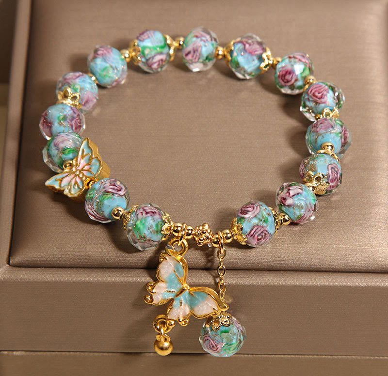 Buddha Stones Butterfly Charm Rose Flower Liuli Bracelet - image 3