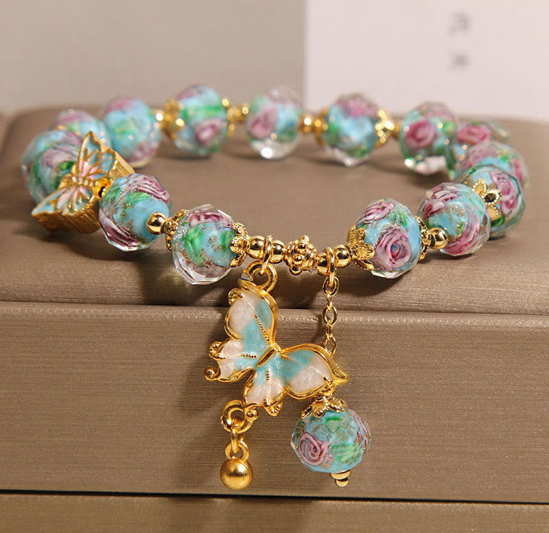 Buddha Stones Butterfly Charm Rose Flower Liuli Bracelet - Blue Liuli(Wrist Circumference: 18cm) - image 0