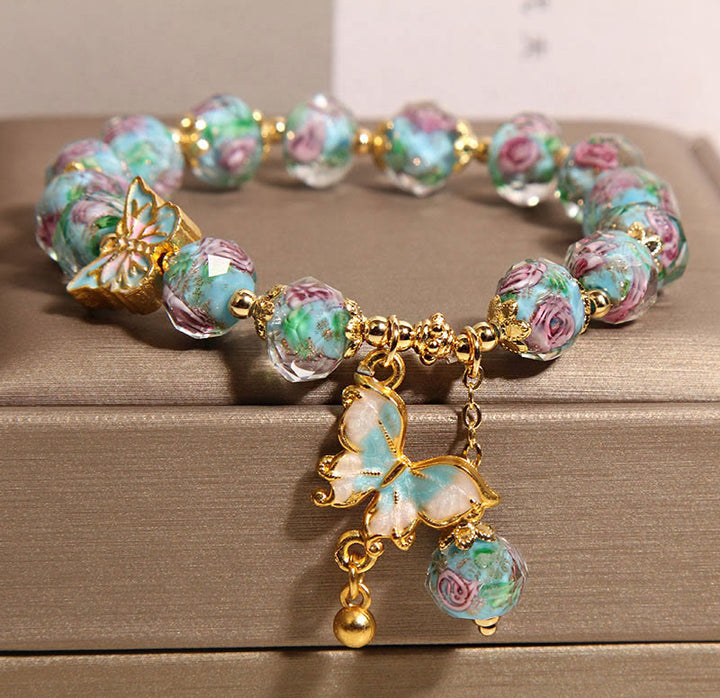 Buddha Stones Butterfly Charm Rose Flower Liuli Bracelet - image 1