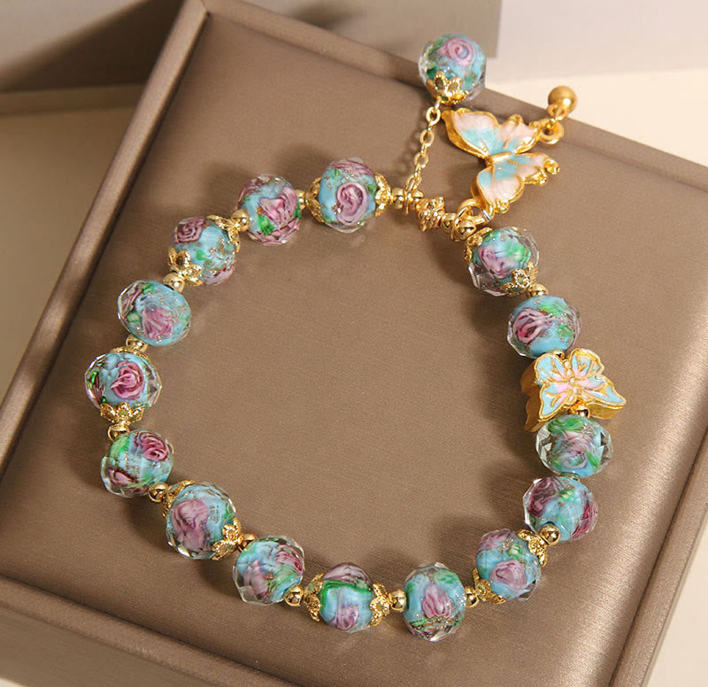 Buddha Stones Butterfly Charm Rose Flower Liuli Bracelet - image 6