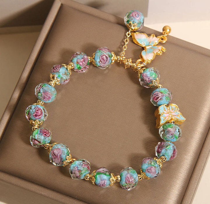 Buddha Stones Butterfly Charm Rose Flower Liuli Bracelet - image 6