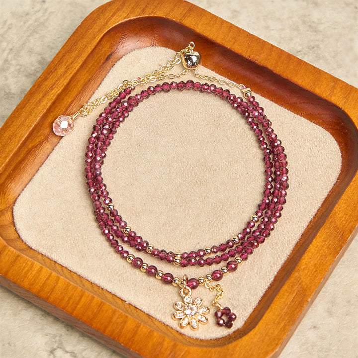 Buddha Stones Natural 2.5mm Garnet Beads Flower Purification Multilayer Bracelet