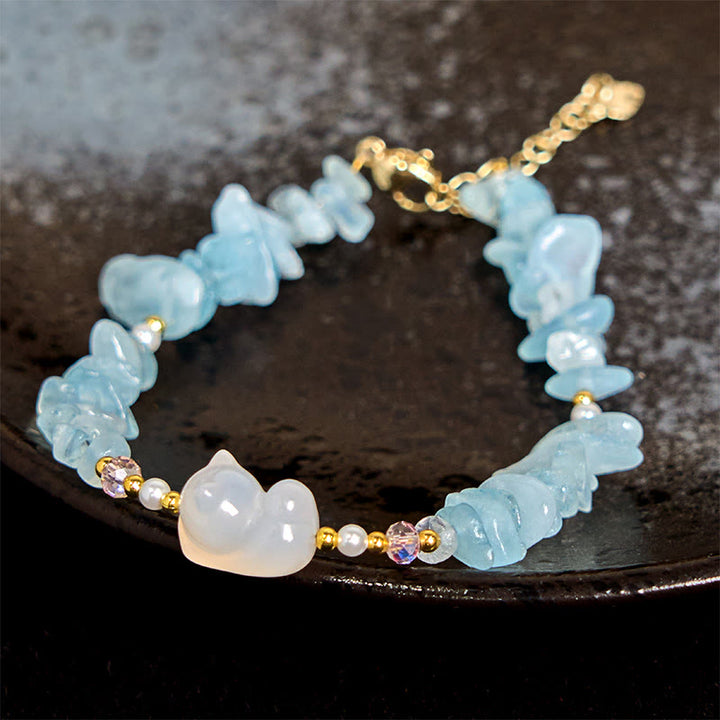 Buddha Stones Natural Irregular Aquamarine Cute Cat Healing Bracelet - Aquamarine(Wrist Circumference: 15cm) - image 1
