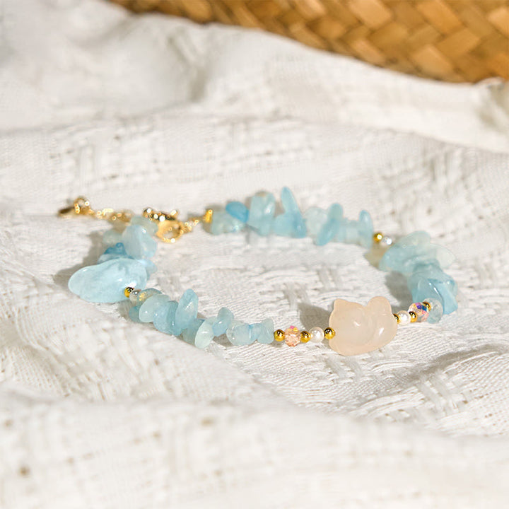 Buddha Stones Natural Irregular Aquamarine Cute Cat Healing Bracelet - image 4