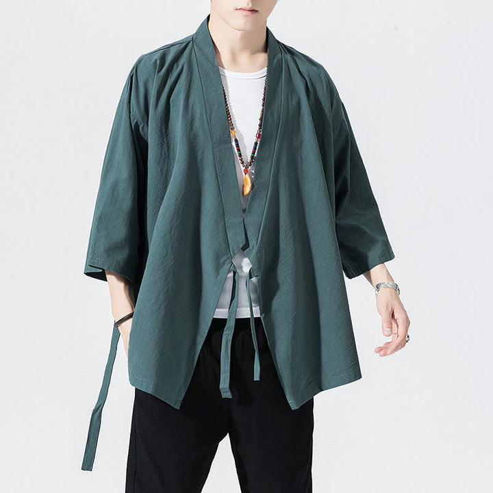 Buddha Stones Tang Suit Open Front Jacket Cotton Linen Men's Three Quarter Sleeve Kimono - DarkCyan - US/UK/AU48,EU58(5XL) - image 1