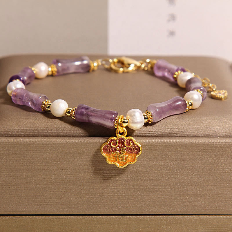 Buddha Stones Natural Peace Lock Bamboo Shape Fu Character Amethyst Pearl Balance Bracelet - Amethyst(Wrist Circumference: 18-22cm) - image 1